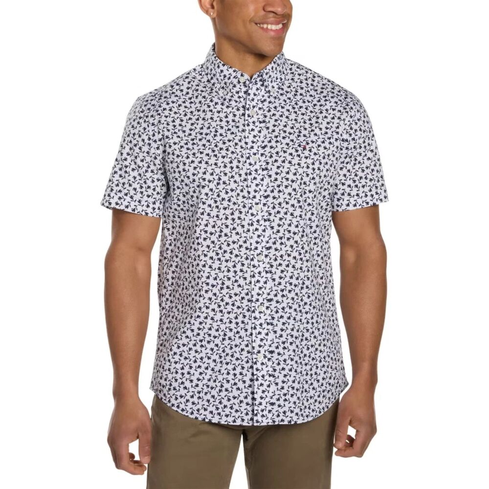 NWT Tommy Hilfiger Men's Lightweight Short Sleeve Woven Shirt, Th Optic White, L